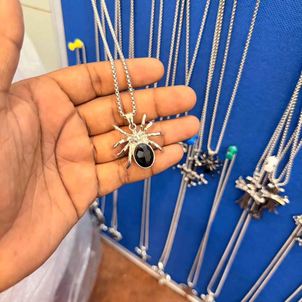 6 piece- silver spider black stone pendant with chain