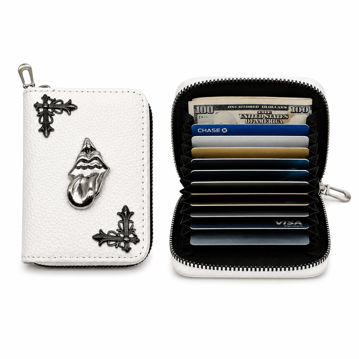 Premium Zip Around Card Holder Wallet with Cross Design – White