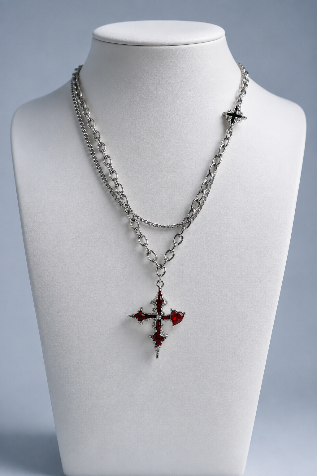 Crimson Heart Cross Layered Necklace