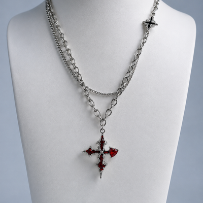 Crimson Heart Cross Layered Necklace