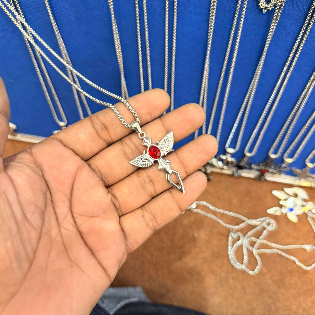 6 piece- red stone pendant with chain