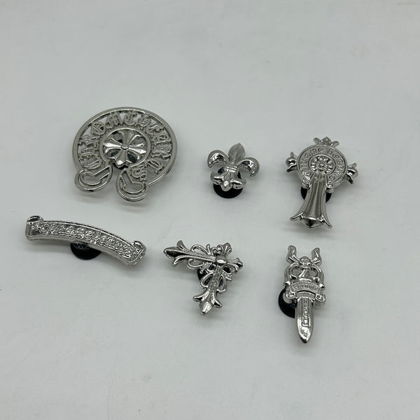 6 PCS Gothic Chrome Metal Crocs Charms Set – Premium Silver Cross, Dagger & Fleur Shoe Accessories