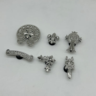 6 PCS Gothic Chrome Metal Crocs Charms Set – Premium Silver Cross, Dagger & Fleur Shoe Accessories