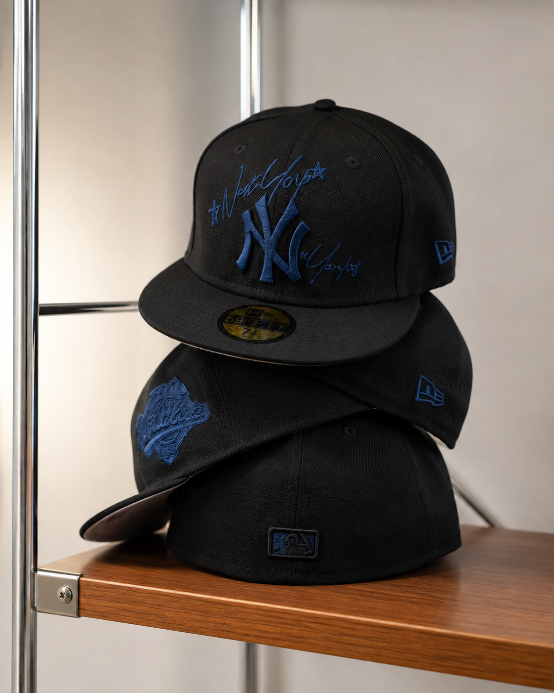 New York NY Fitted Cap Black & Blue | Premium 3D Embroidered Baseball Cap