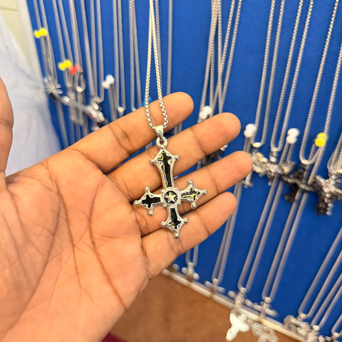 6 piece- black cross silver pendant with chain