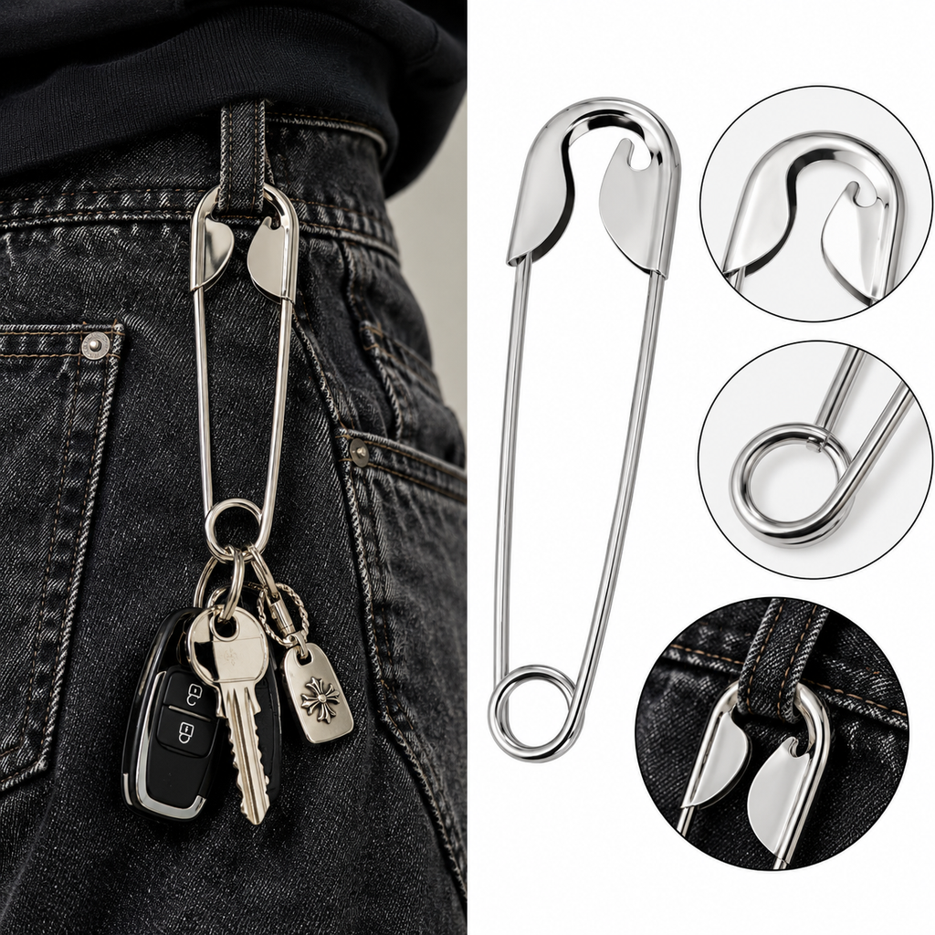 Multipurpose Safety Pin Keychain – Hairpin, Bag Charm & Jeans Accessory | Silver