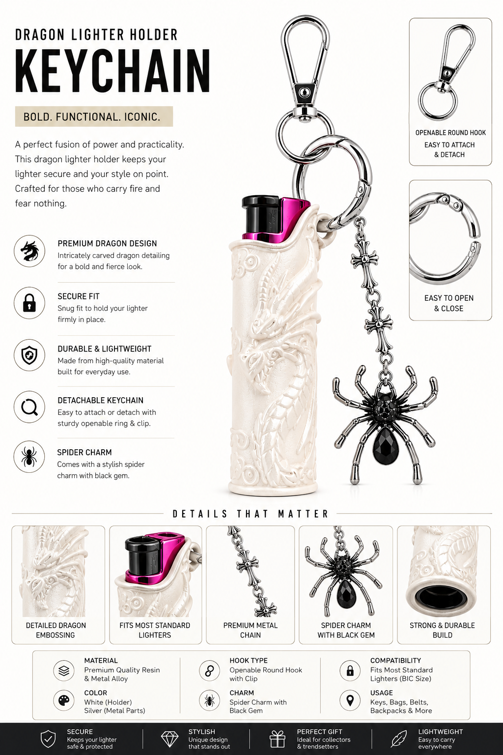 Fashion Lobby White Dragon lighter Holder Keychain with Spider Charm |