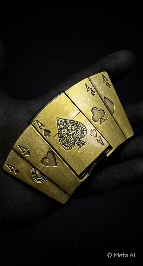 Ace of Spades Lighter Buckle Belt – Antique Gold Poker Belt | 50 Inch