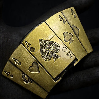 Ace of Spades Lighter Buckle Belt – Antique Gold Poker Belt | 50 Inch