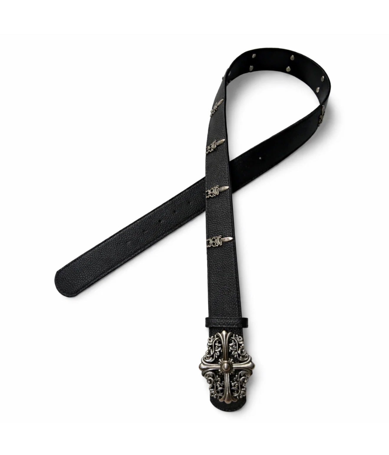 Classic gothic buckle design with vintage silver detailing.