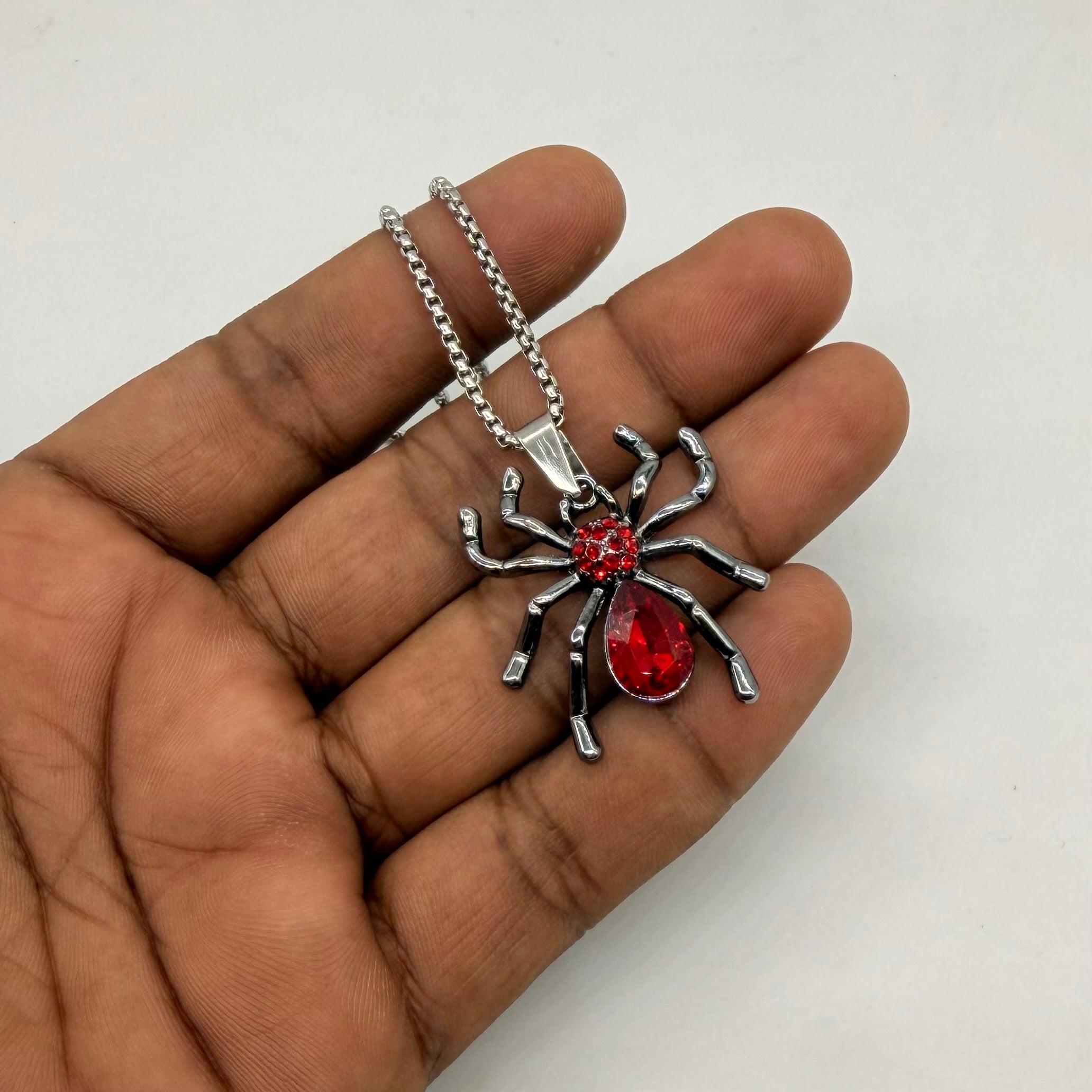 Gothic Red Crystal Spider Pendant Necklace with Stainless Steel Box Chain | Y2K Punk Unisex Jewelry
