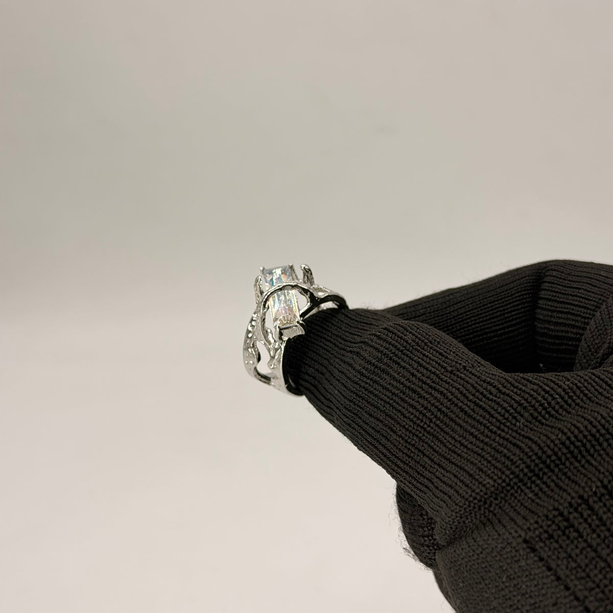 Gothic Holographic Crystal Bar Statement Ring – Silver Finish