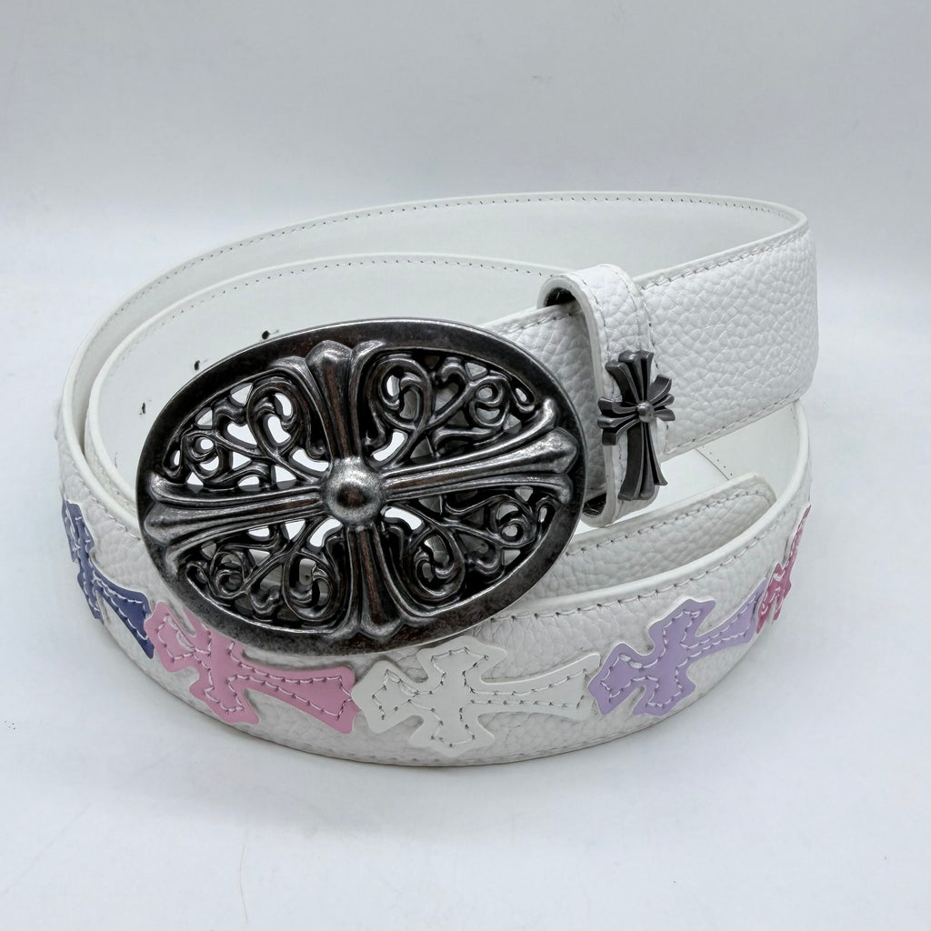 White Vintage Filigree Cross Buckle Belt