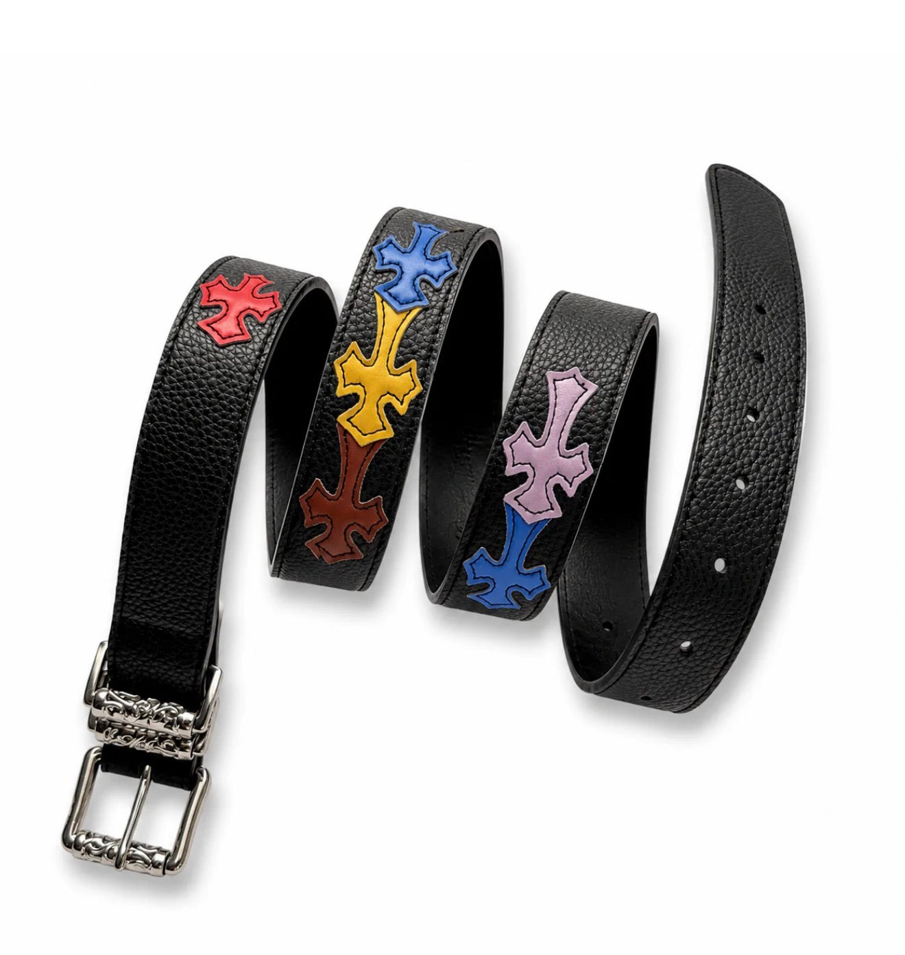 Statement belt featuring colorful cross patches on textured black leather.