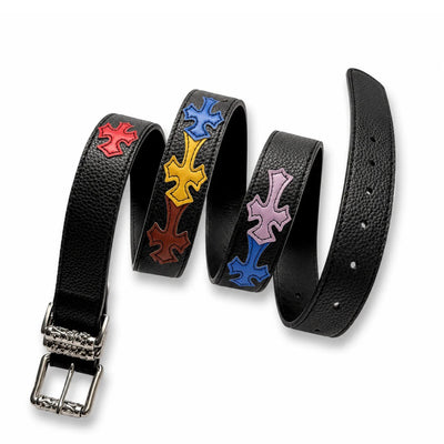 Statement belt featuring colorful cross patches on textured black leather.