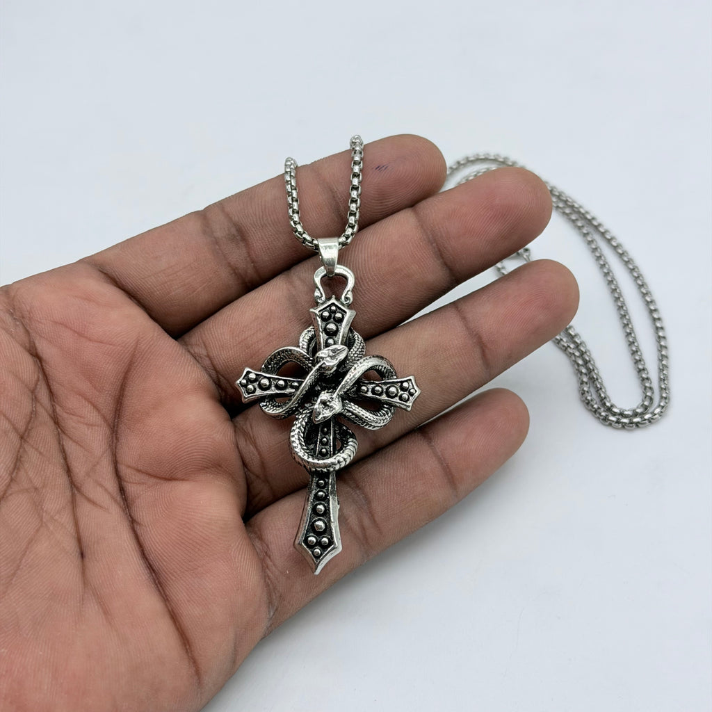 Vintage Snake Cross Pendant Necklace – Gothic Silver Chain