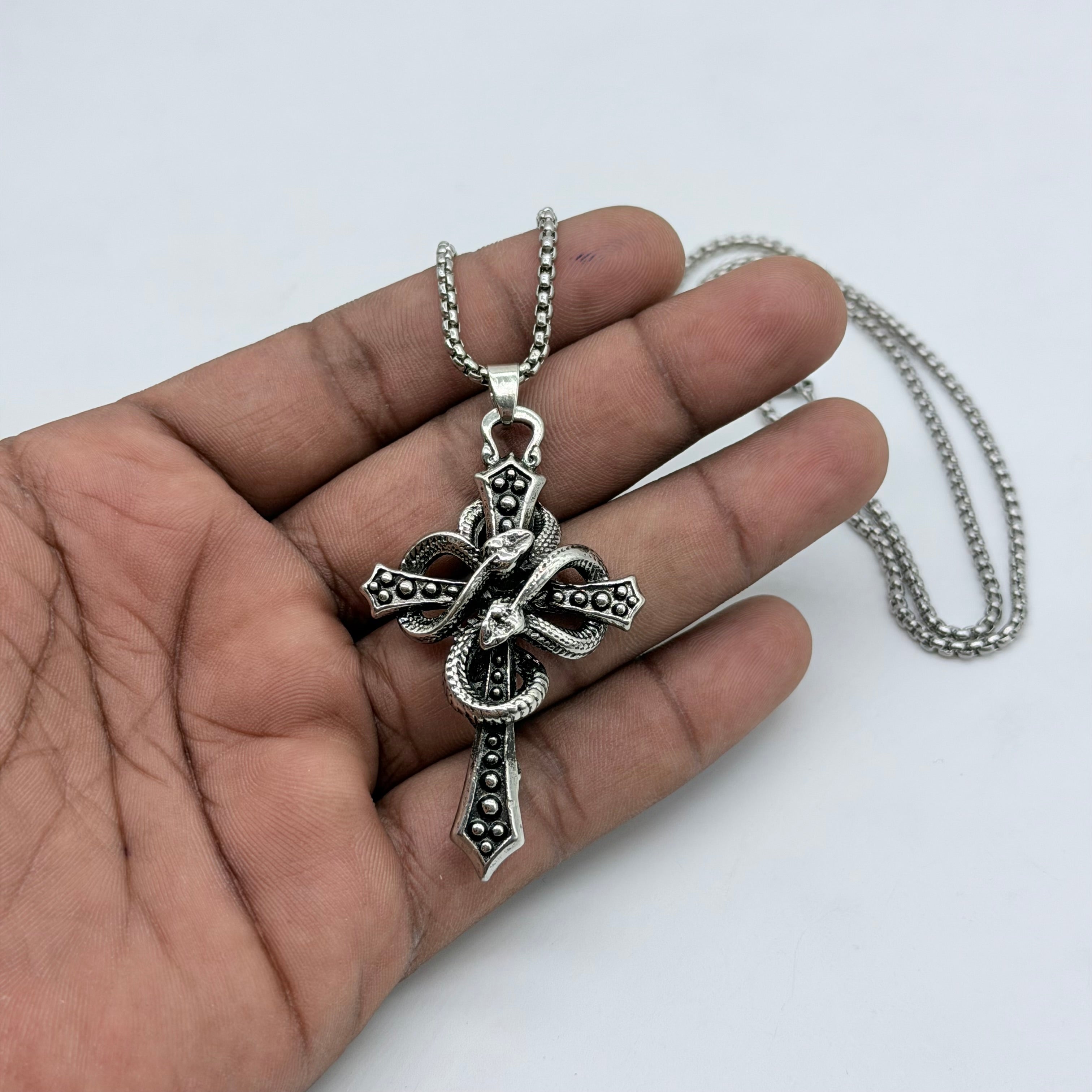 Vintage Snake Cross Pendant Necklace – Gothic Silver Chain