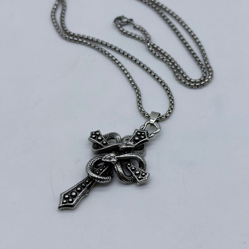 Vintage Snake Cross Pendant Necklace – Gothic Silver Chain