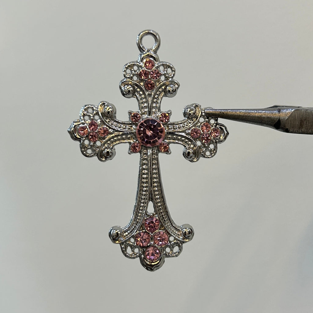Silver plating pink stone big queen cross