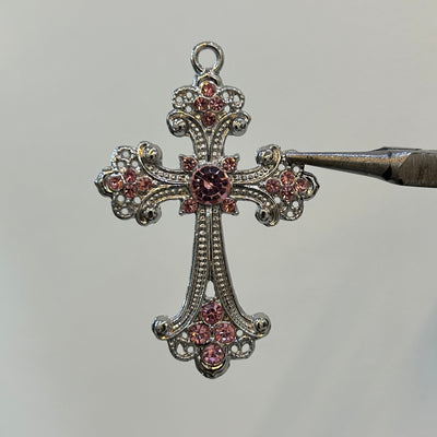 Silver plating pink stone big queen cross