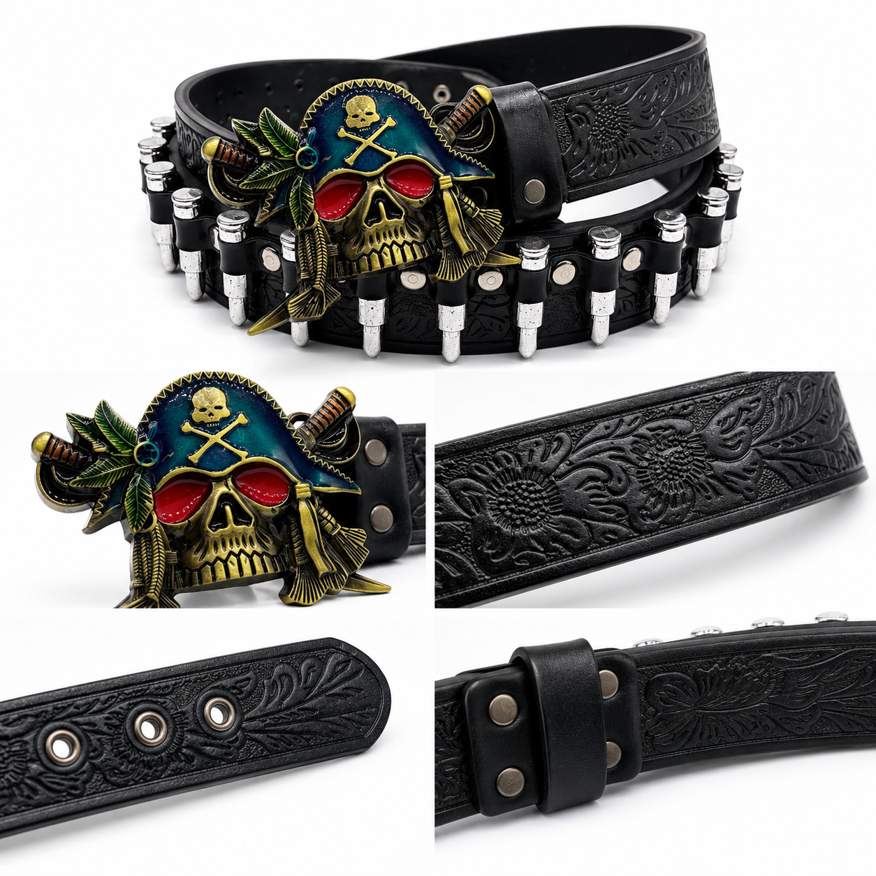 Lone Bull Skull Western Buckle Bullet Leather Belt – Antique Silver