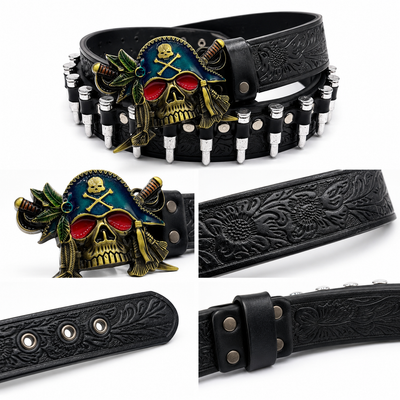 Lone Bull Skull Western Buckle Bullet Leather Belt – Antique Silver