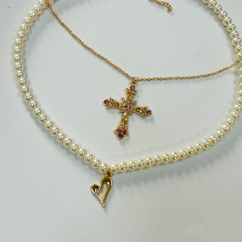 pearl chain cross and heart necklace set of 2