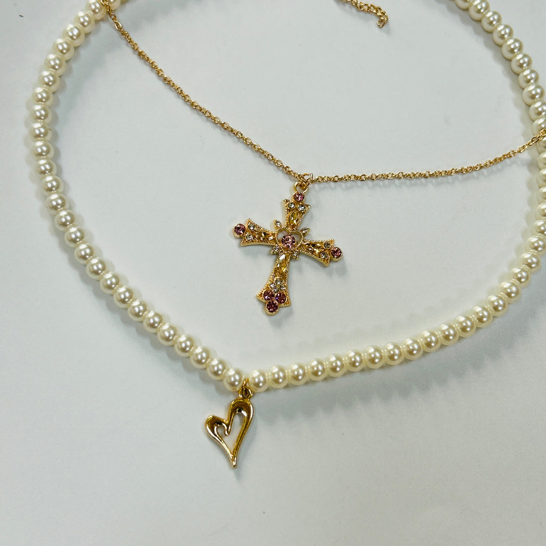pearl chain cross and heart necklace set of 2