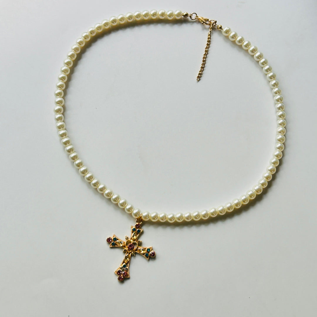 pink cross charms with pearl necklace