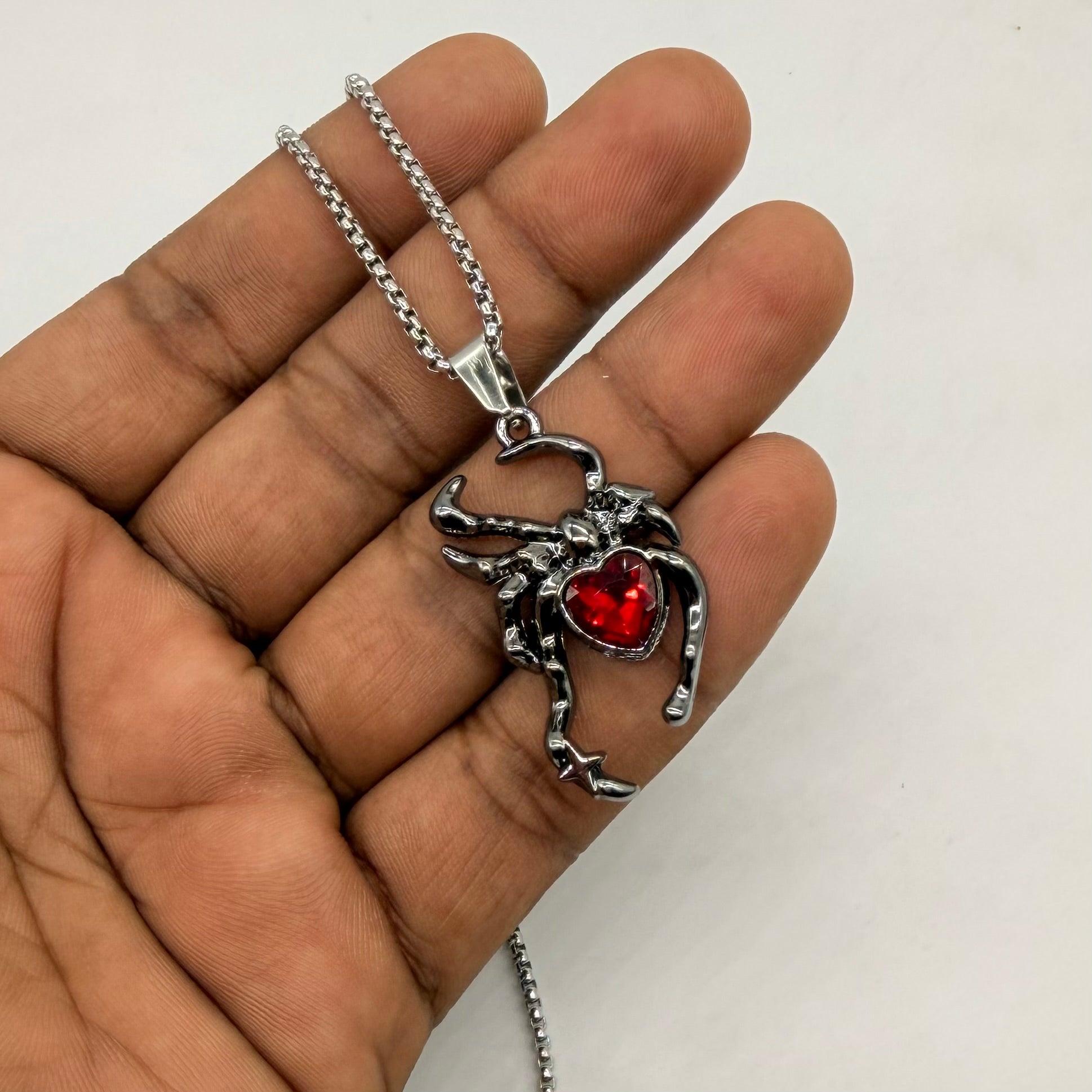 Gothic Scorpion Heart Red Crystal Pendant Necklace with Stainless Steel Box Chain | Unisex Punk Y2K Jewelry