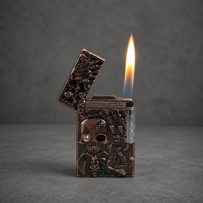 Gothic Skeleton Skull Lighter – Embossed Skull Metal Flip Lighter with Windproof Flame