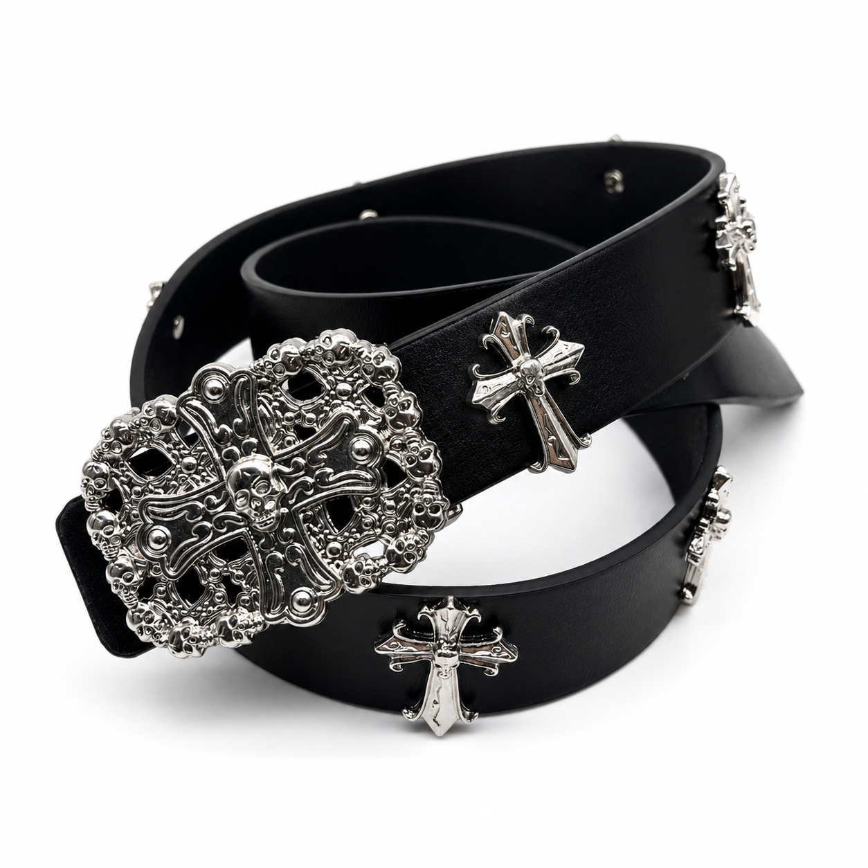 Premium Silver Gothic Skull Cross Buckle Leather Belt for Men & Women
