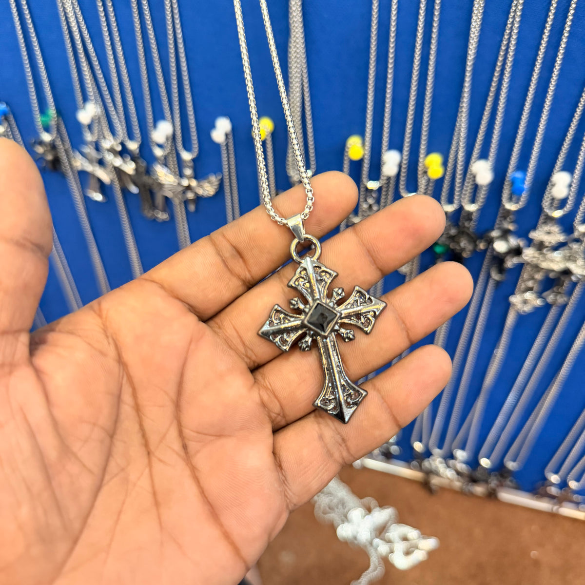 6 piece- black cross stone pendant with chain