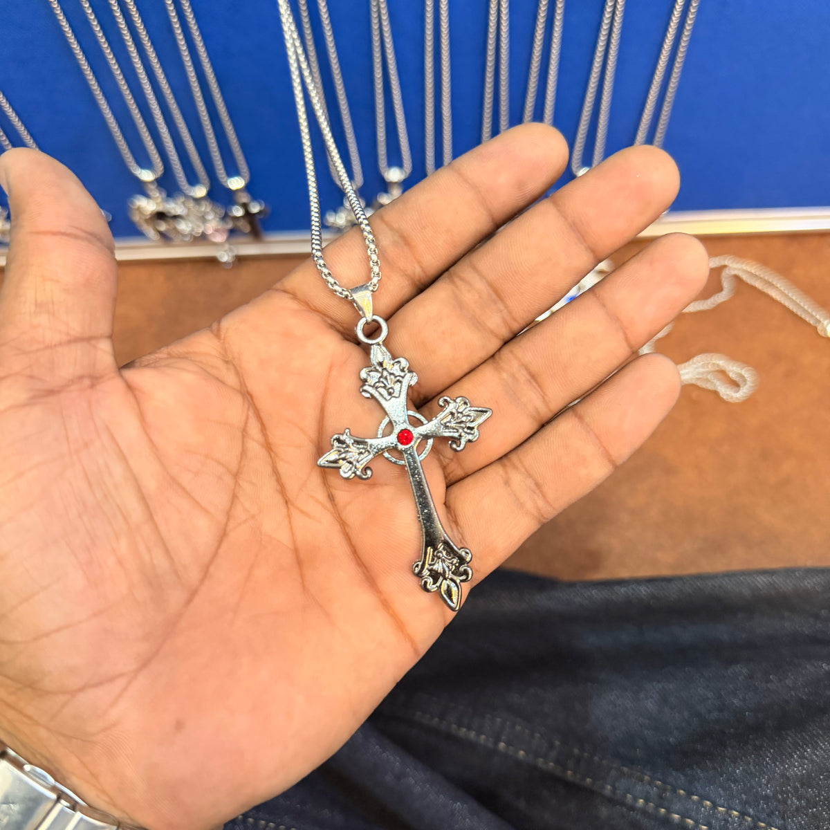 6 piece- red stone silver cross pendant with chain