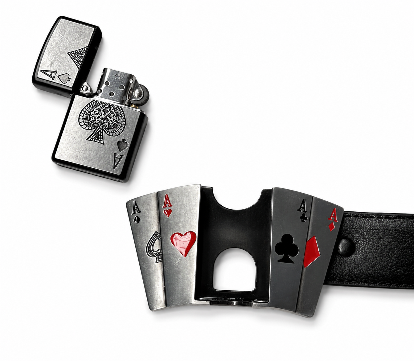 Ace Poker Lighter Buckle Belt – Brushed Silver Refillable Belt | 50 Inch