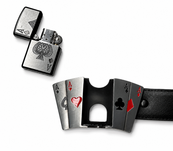 Ace Poker Lighter Buckle Belt – Brushed Silver Refillable Belt | 50 Inch