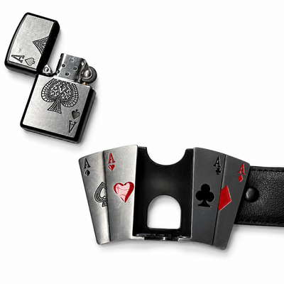 Ace Poker Lighter Buckle Belt – Brushed Silver Refillable Belt | 50 Inch