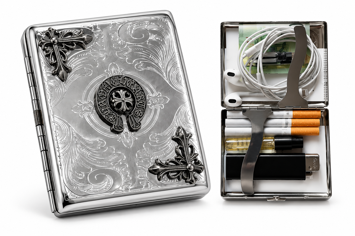 Premium Chrome Gothic Emblem Metal Cigarette Case & Cash Holder
