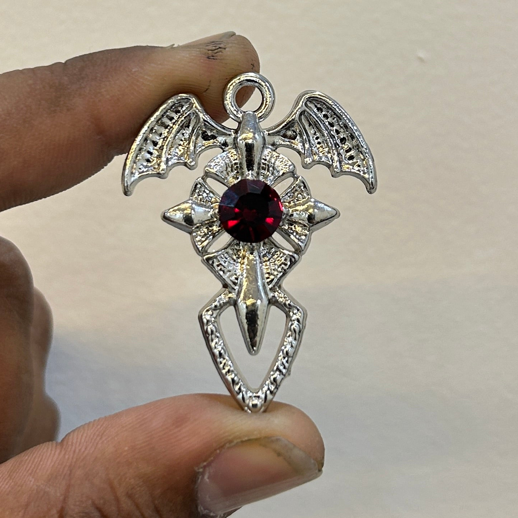 Silver Dragon wings cross blood red stone