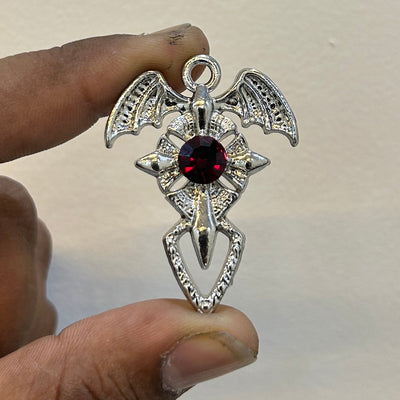 Silver Dragon wings cross blood red stone