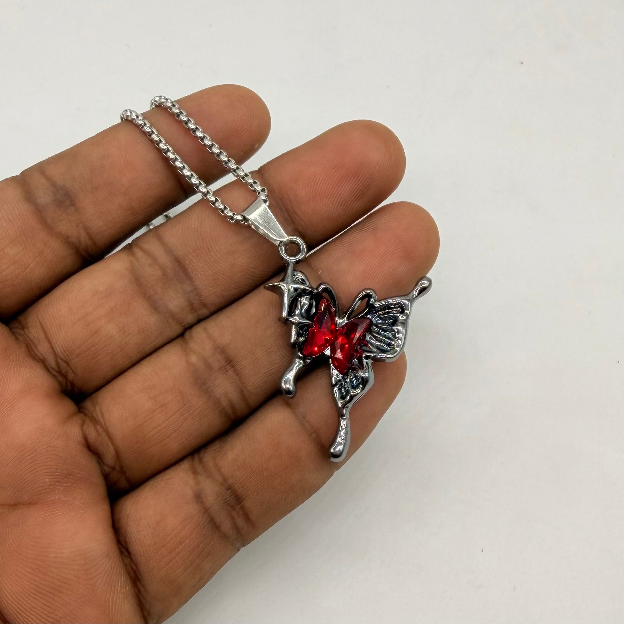 Gothic Butterfly Fairy Red Crystal Pendant Necklace with Stainless Steel Chain | Vintage Y2K Aesthetic Jewelry