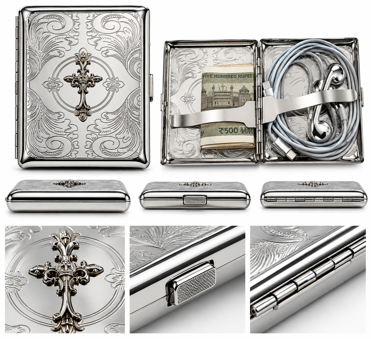 Premium Engraved Silver Metal Wallet & Cigarette Case Collection
