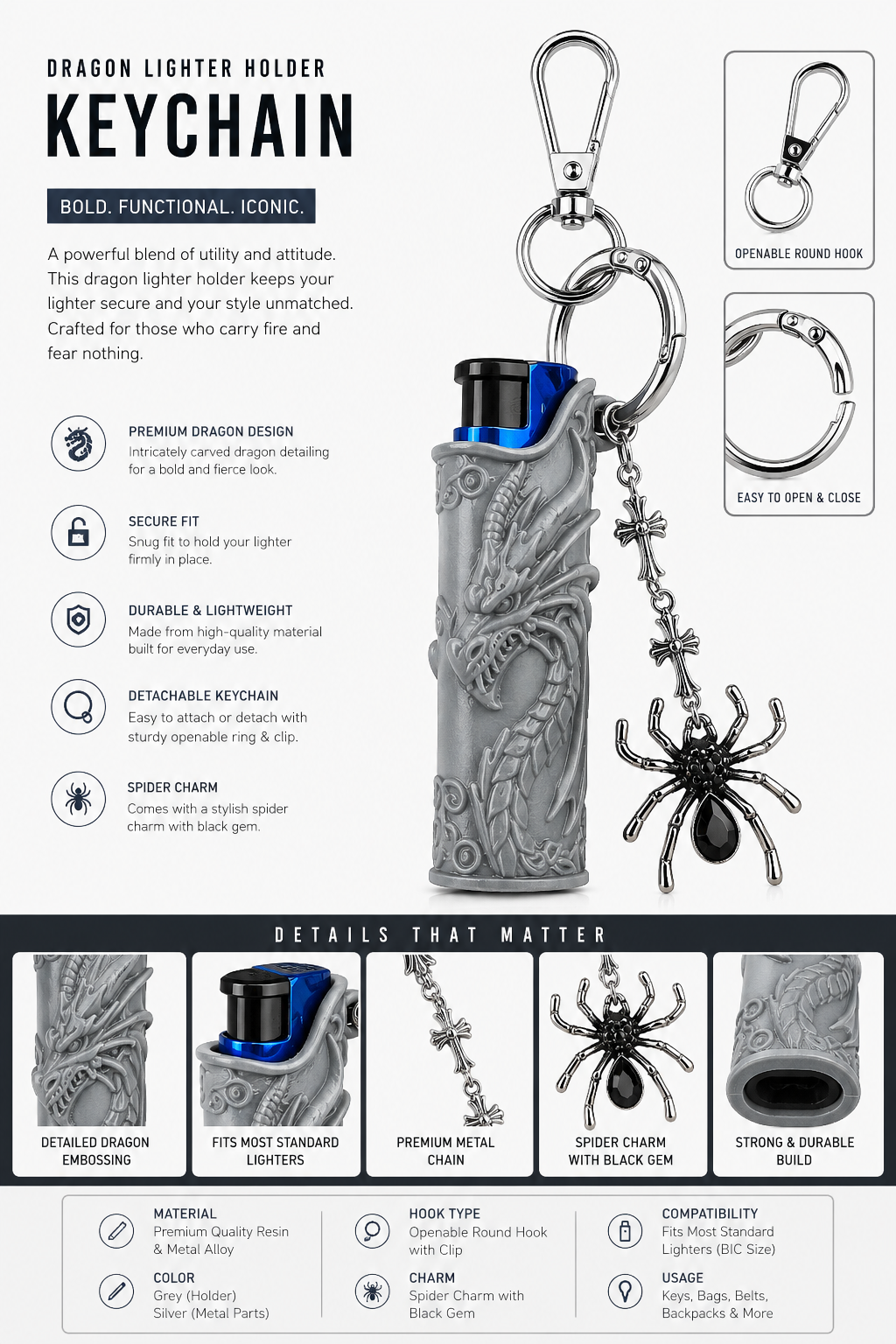 Fashion Lobby Grey Dragon lighter Holder Keychain with Spider Charm |