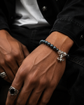 Men’s Gunmetal Grey Beaded Bracelet with Fleur-de-Lis Charm