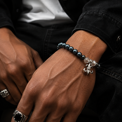 Men’s Gunmetal Grey Beaded Bracelet with Fleur-de-Lis Charm