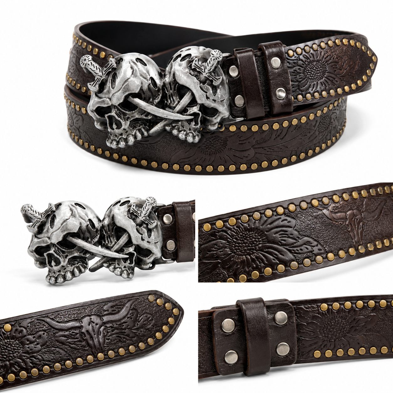 Twin Skull Saber Buckle Studded Belt for Men | Gothic Biker Fashion Belt