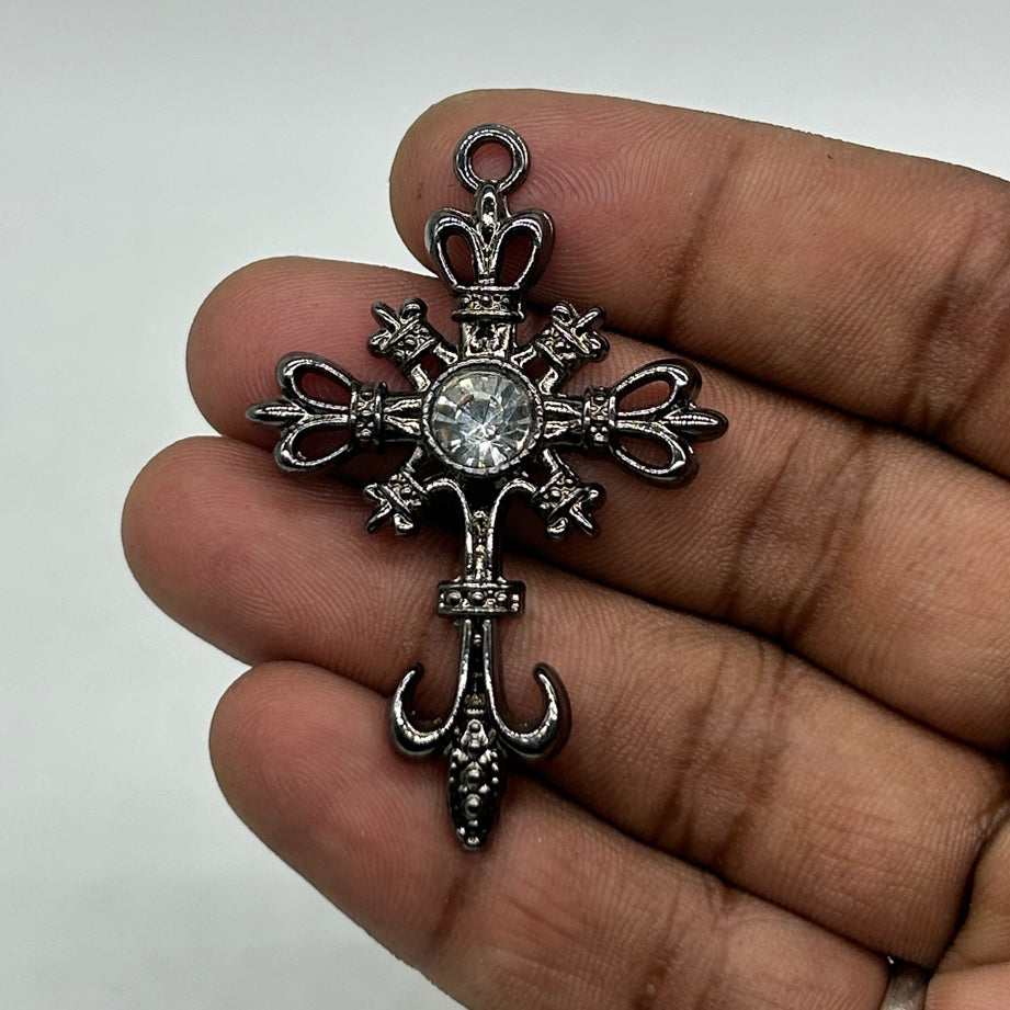 Black gothic white stone cross pendant