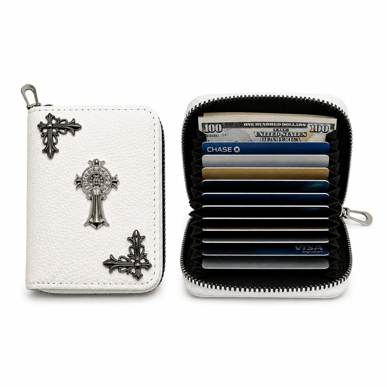 Streetwear Designer Card Holder Wallet with Zipper Closure – White