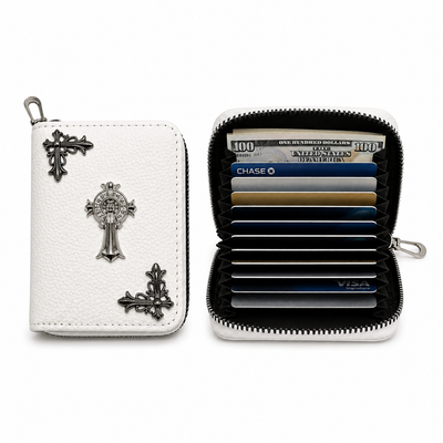 Streetwear Designer Card Holder Wallet with Zipper Closure – White