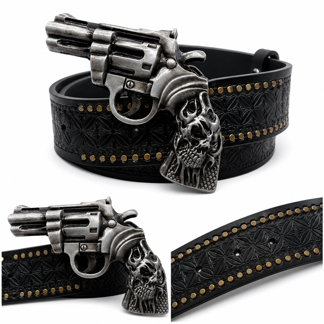 Reaper Skull Revolver-Inspired Buckle Belt for Men | Gothic Statement Belt